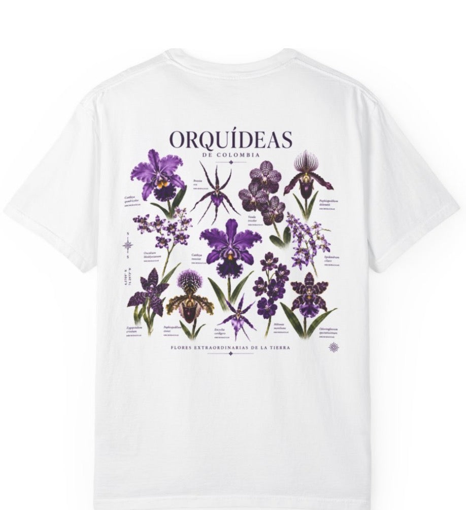 White t-shirt with purple orchid shot personally in Colombia 2026 graphics and text on a white comfortable 5000thread count one of a kind shirt